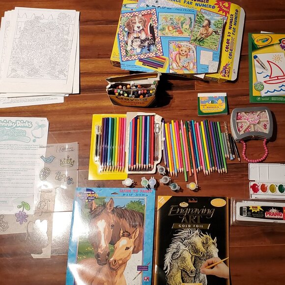 LOT Kids Art Color Paint By Num Colored Pencils Paint Winky Dinks Foil Art - Picture 8 of 16